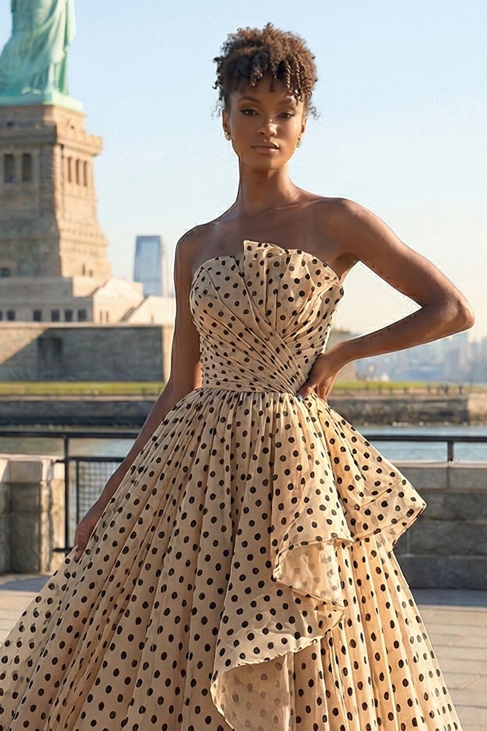 Black and Apricot Polka Dots A Line Ruffled Strapless Long Prom Dress