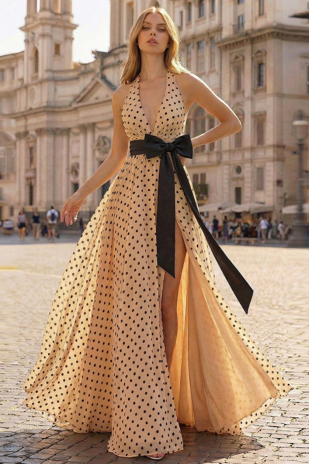 Black and Apricot Polka Dots Halter Neck A Line Long Prom Dress with Slit