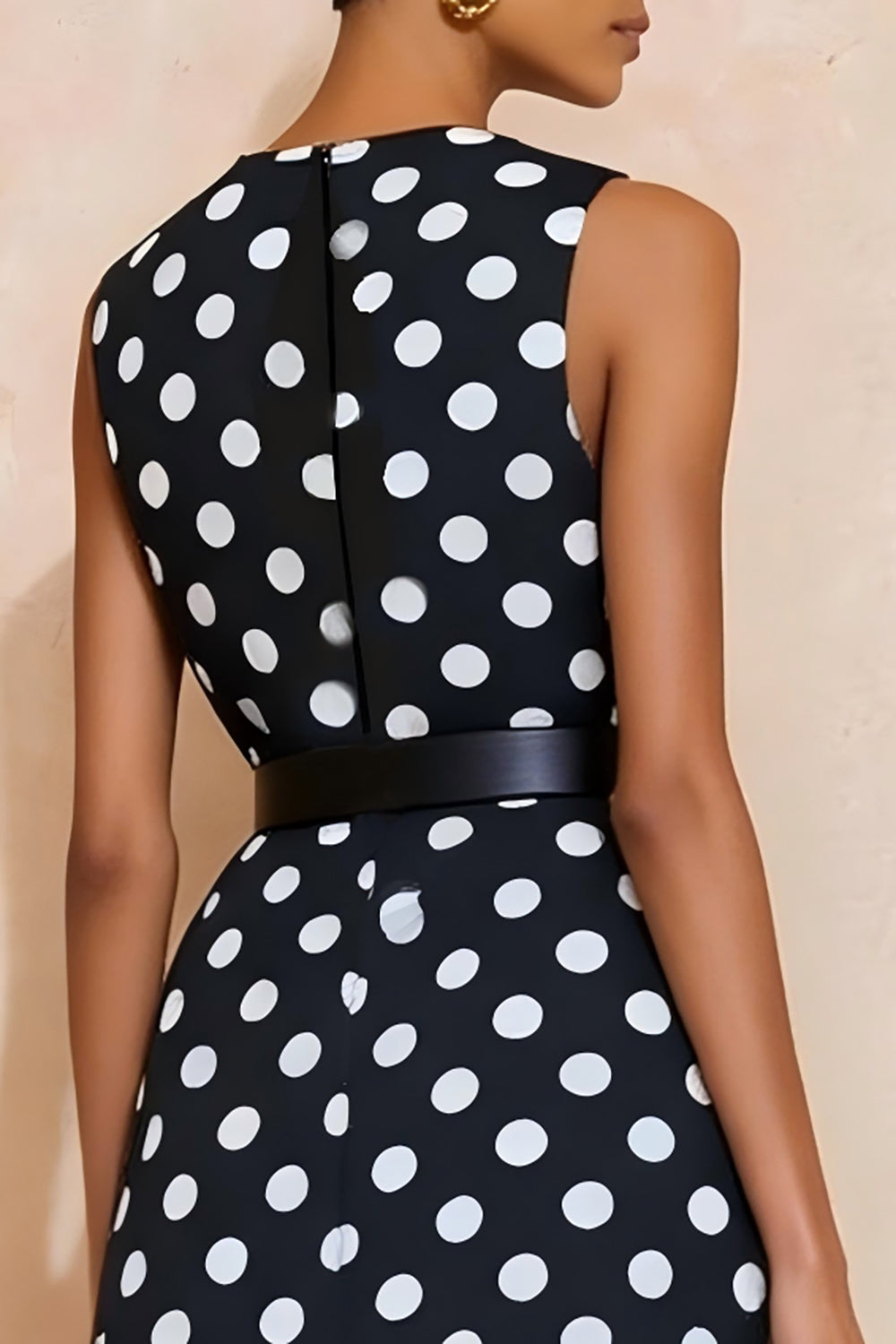 Navy and White Polka Dots Crew Neck Maxi Work Dress with Belt