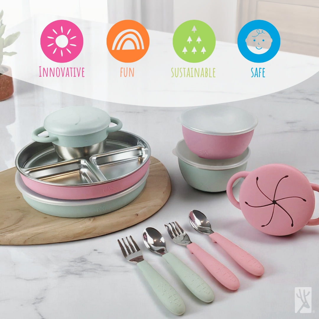 Stainless Steel Mealtime Bundle | Plates, Bowls, Snack Cups + Toddler Utensils | Normal Sleeves | Blush/Sage