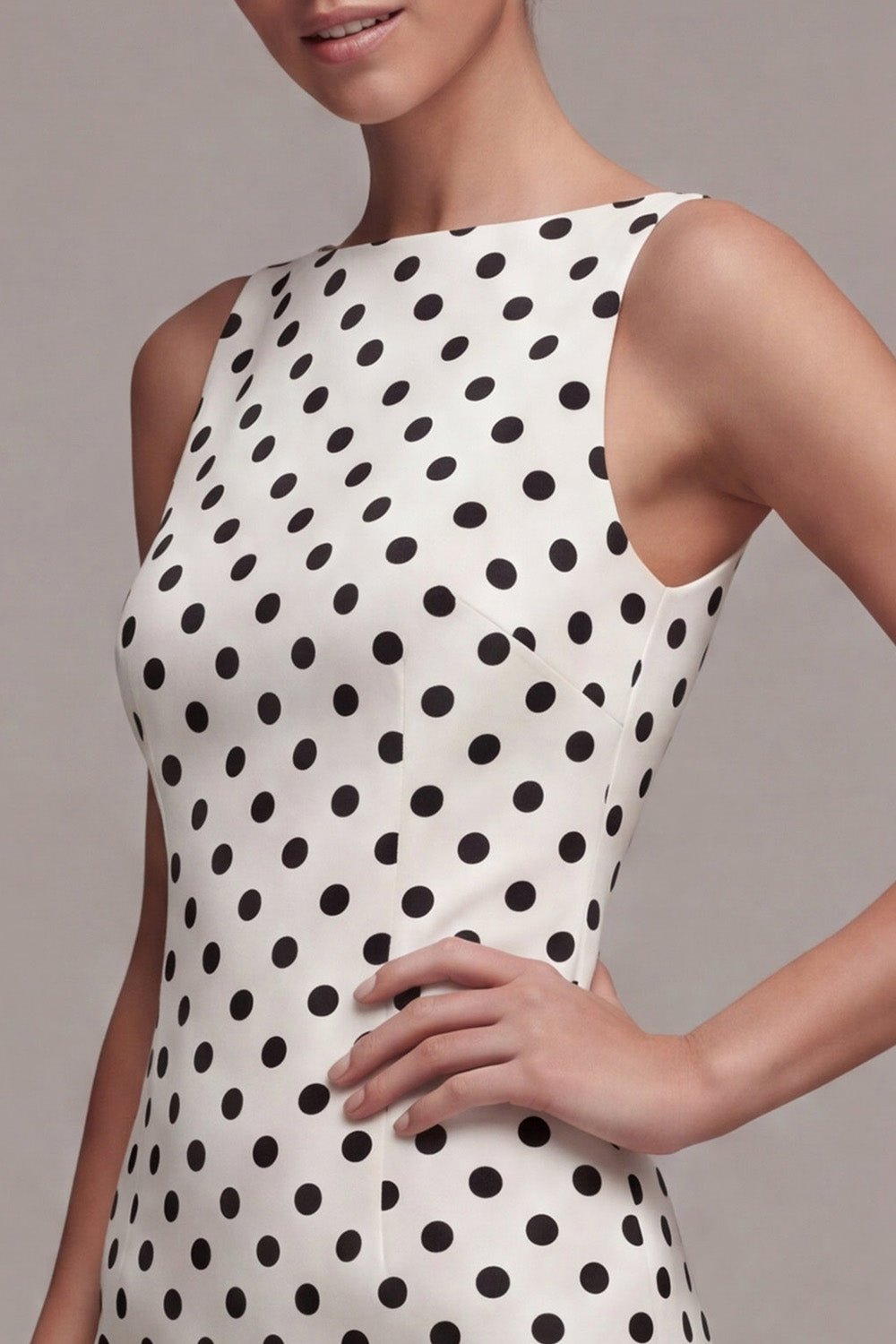 Tight Short White and Black Bateau Neck Polka Dots Dress