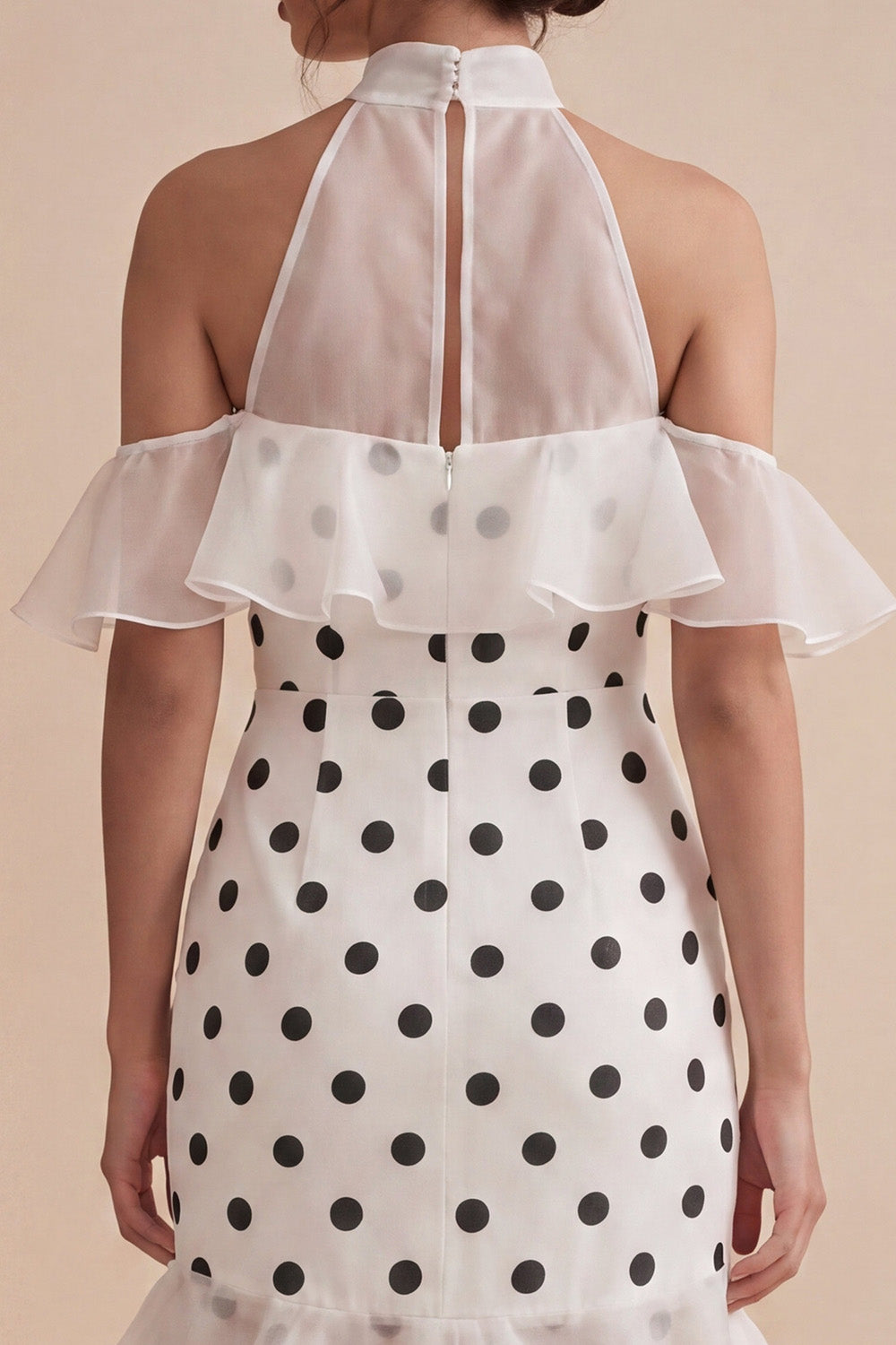 High Neck White and Black High Low Polka Dots Dress with Ruffles