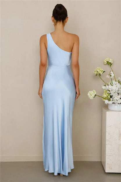The Aurora One Shoulder Satin Maxi Dress Blue