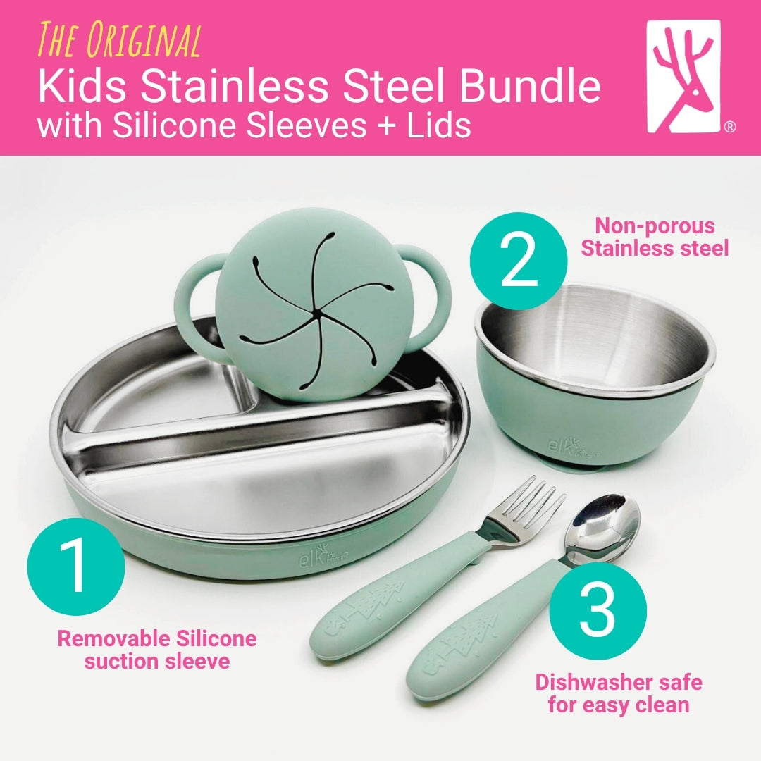 Stainless Steel Mealtime Bundle | Plates, Bowls, Snack Cups + Toddler Utensils | Suction Sleeves | Blush/Sage