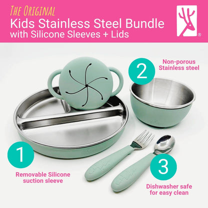 Stainless Steel Mealtime Bundle | Plates, Bowls, Snack Cups + Toddler Utensils | Suction Sleeves | Blush/Sage