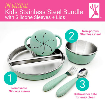 Stainless Steel Mealtime Bundle | Plates, Bowls, Snack Cups + Toddler Utensils | Normal Sleeves | Sage/MistyBlue