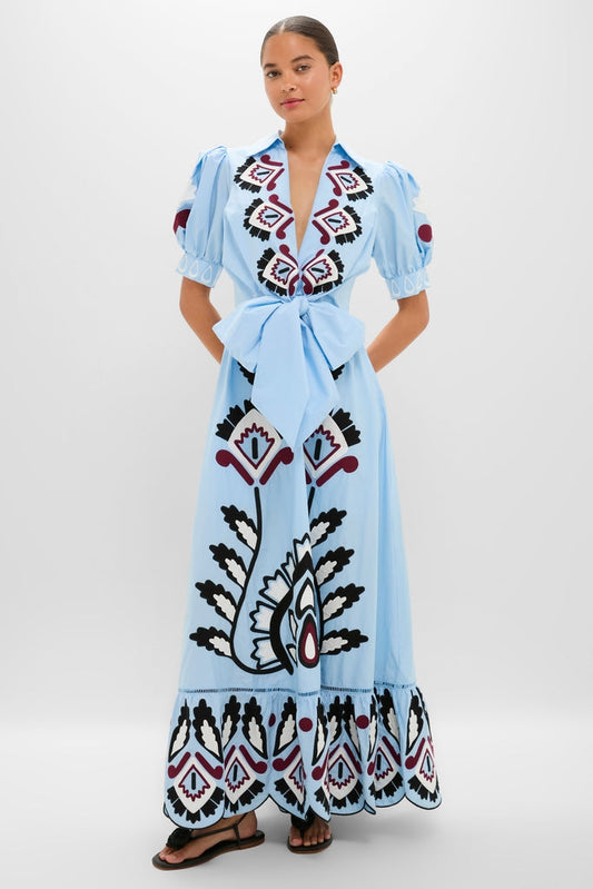 Blue Artisanal Short Sleeve Maxi Dress