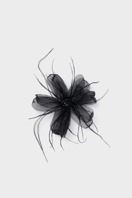Black Embellished Feather Floral Pin