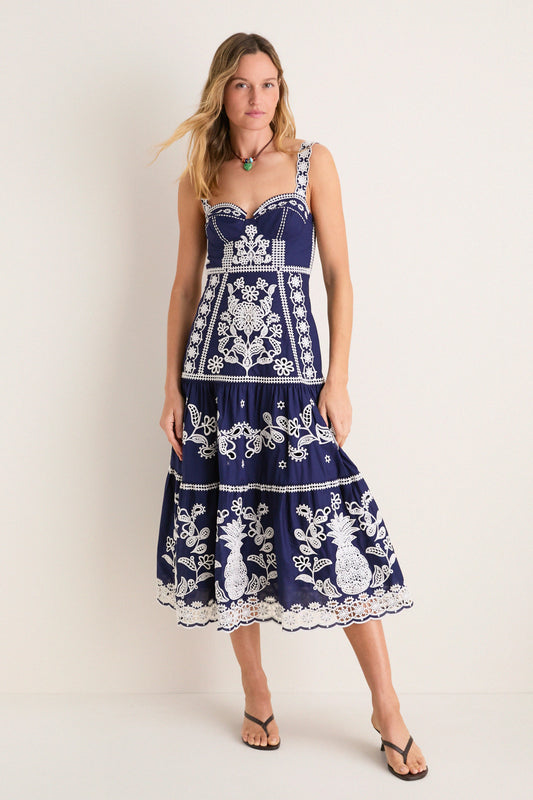 Blue and White Richilieu Midi Dress