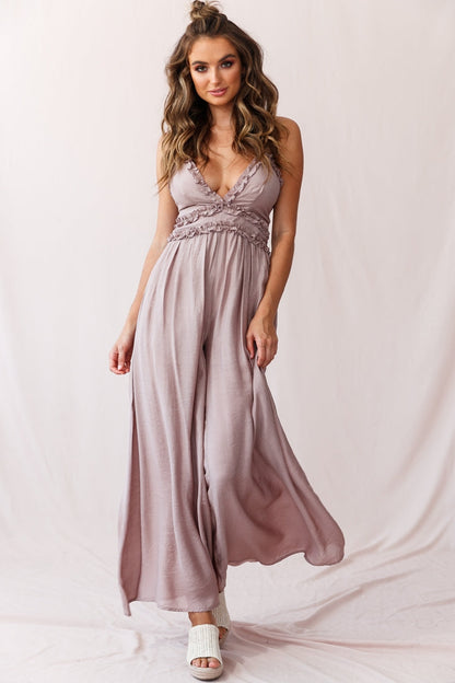 Laney Wide Leg Ruffle Detail Jumpsuit Mocha