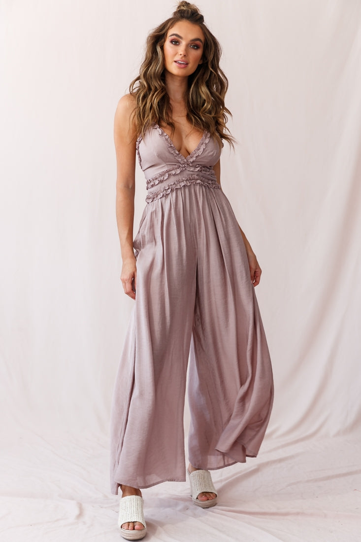 Laney Wide Leg Ruffle Detail Jumpsuit Mocha