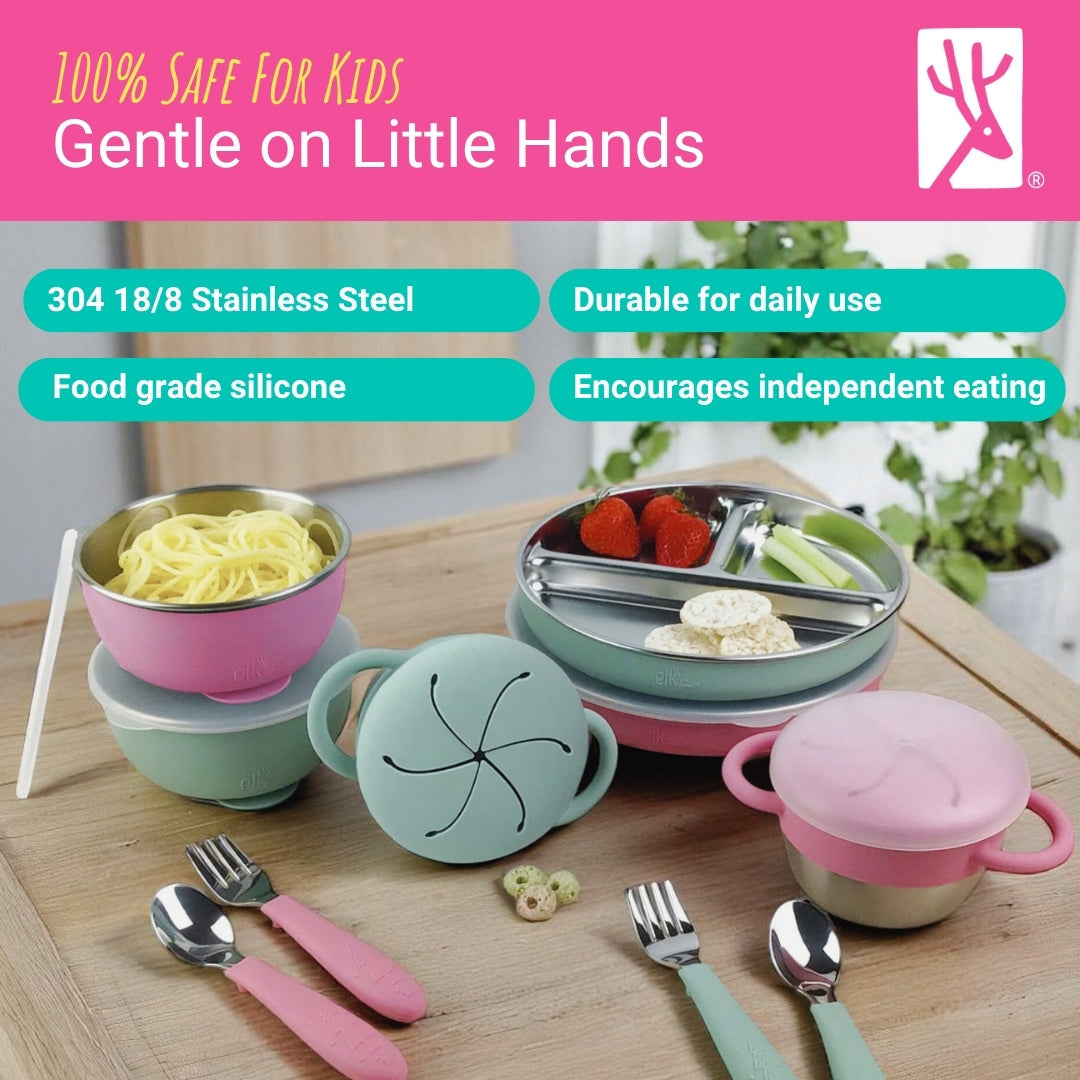 Stainless Steel Mealtime Bundle | Plates, Bowls, Snack Cups + Toddler Utensils | Suction Sleeves | Sage/MistyBlue