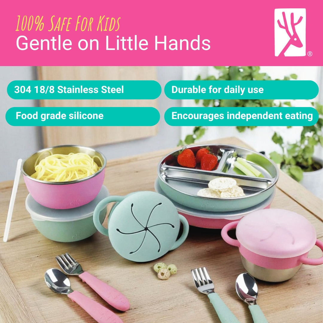 Stainless Steel Mealtime Bundle | Plates, Bowls, Snack Cups + Toddler Utensils | Normal Sleeves | Blush/Sage