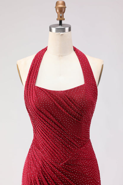 Sparkly Dark Red Beaded Mermaid Halter Long Prom Dress with Slit
