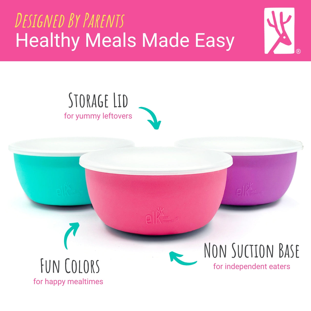Stainless Steel Bowl with Silicone Sleeve + Lids