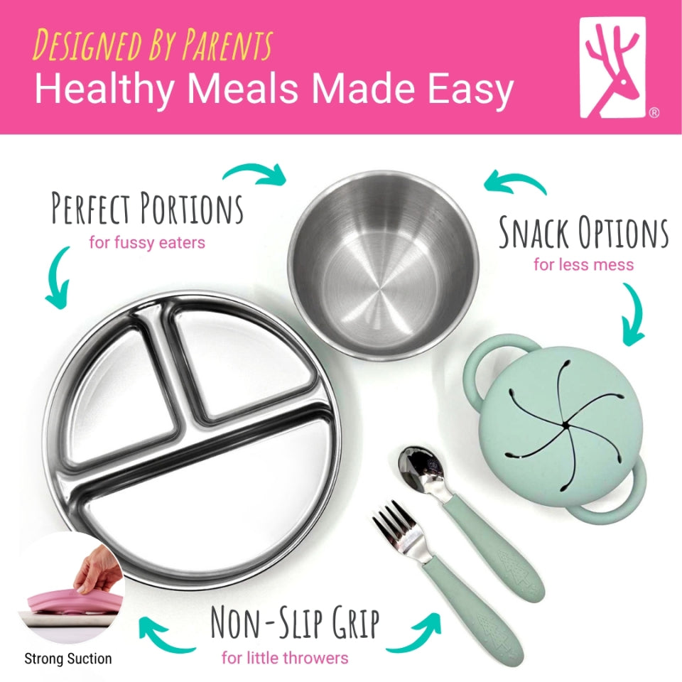 Stainless Steel Mealtime Bundle | Plates, Bowls, Snack Cups + Toddler Utensils | Suction Sleeves | Sage/MistyBlue