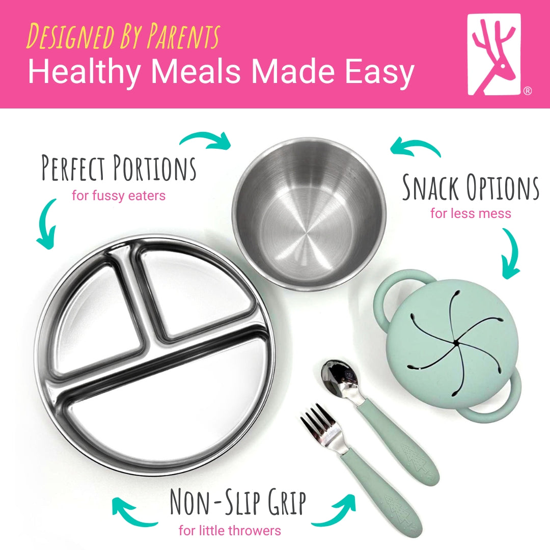 Stainless Steel Mealtime Bundle | Plates, Bowls, Snack Cups + Toddler Utensils | Normal Sleeves | Blush/Sage