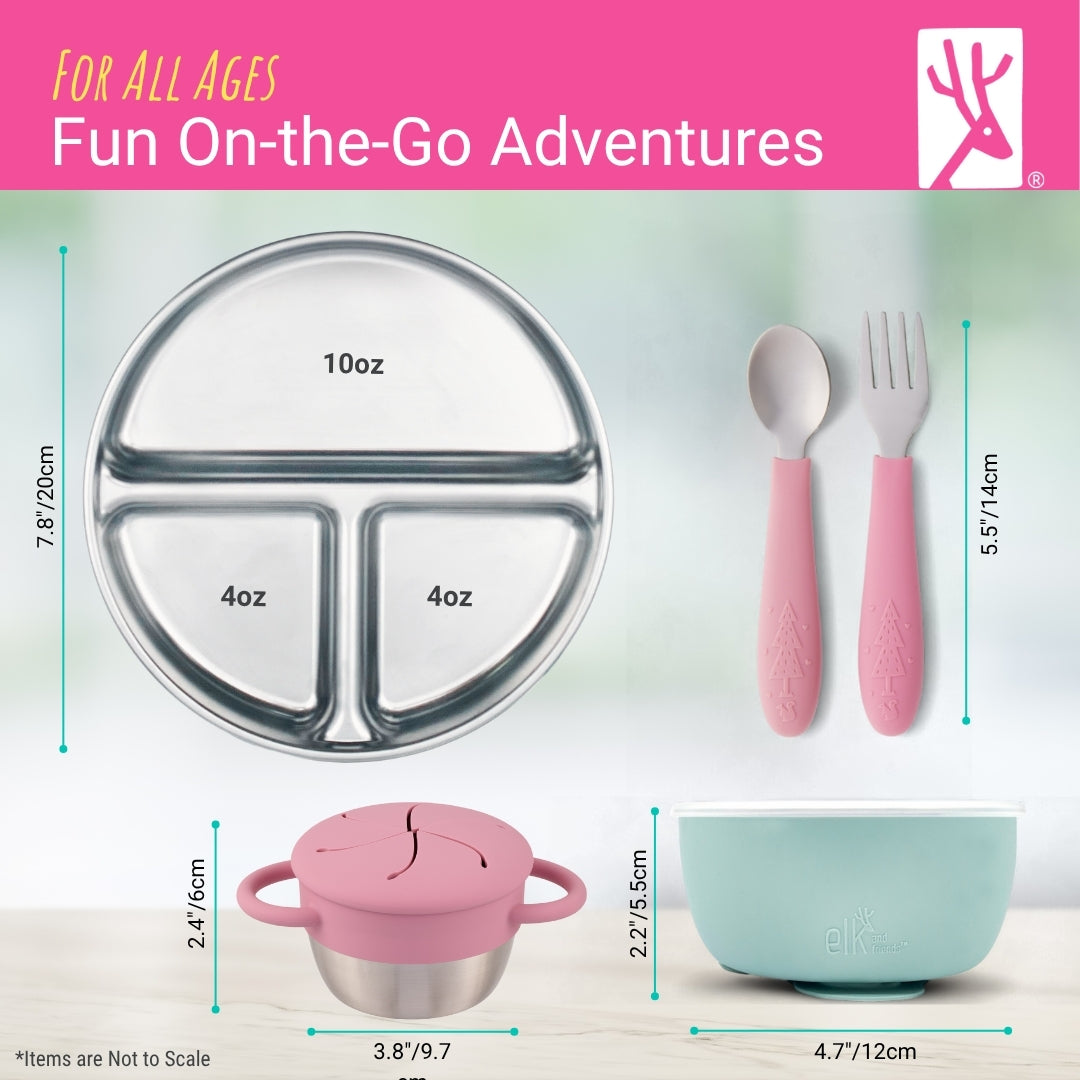 Stainless Steel Mealtime Bundle | Plates, Bowls, Snack Cups + Toddler Utensils | Suction Sleeves | Sage/MistyBlue