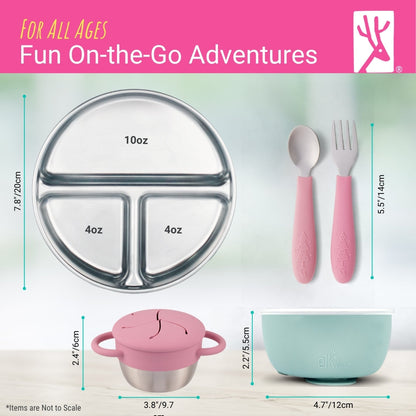 Stainless Steel Mealtime Bundle | Plates, Bowls, Snack Cups + Toddler Utensils | Suction Sleeves | Sage/MistyBlue