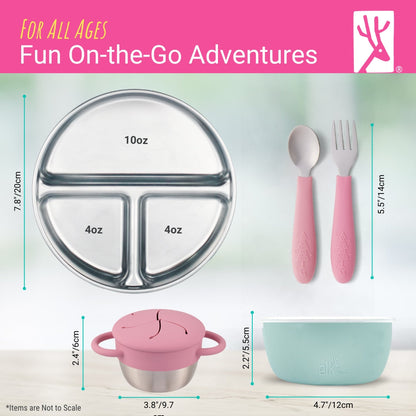 Stainless Steel Mealtime Bundle | Plates, Bowls, Snack Cups + Toddler Utensils | Normal Sleeves | Blush/Sage