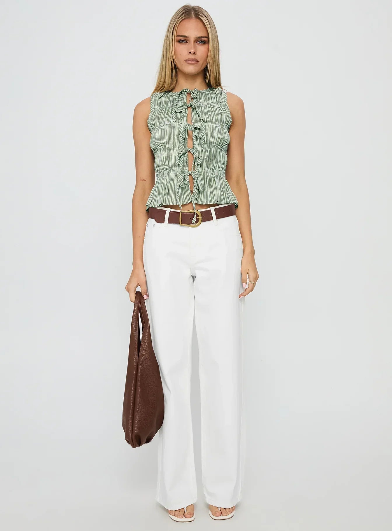 Apero Shirred Tie Front Top Green / White Stripe