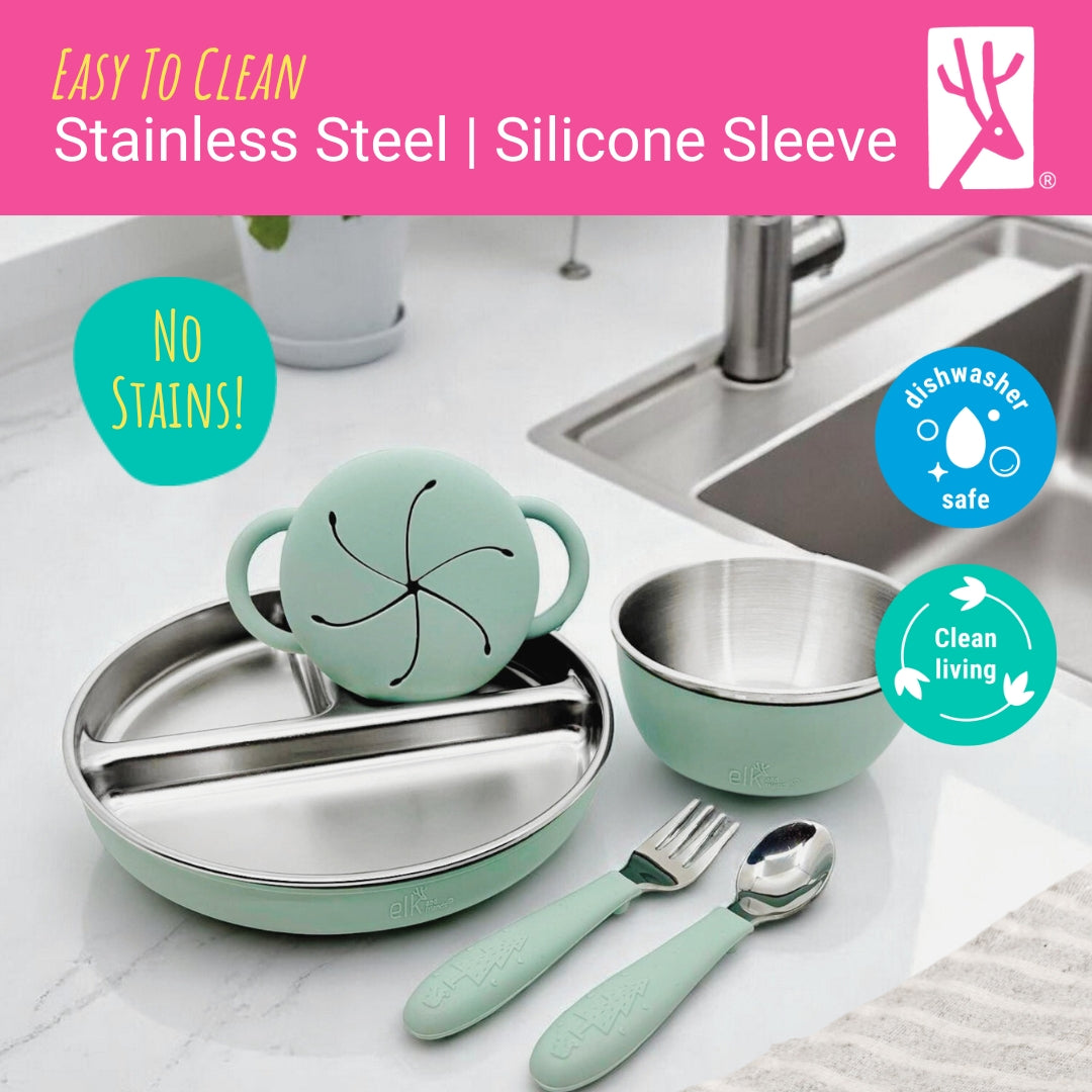 Stainless Steel Mealtime Bundle | Plates, Bowls, Snack Cups + Toddler Utensils | Normal Sleeves | Sage/MistyBlue