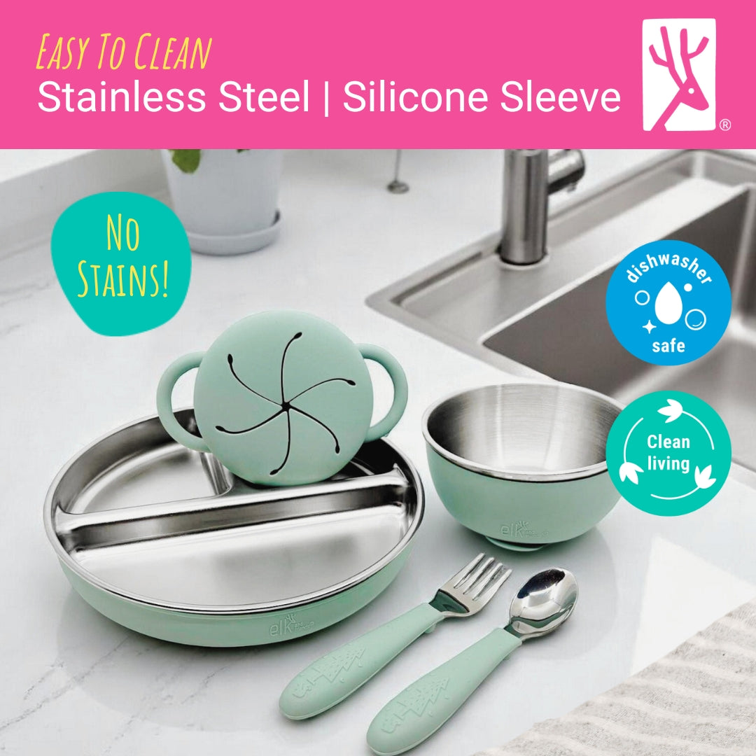 Stainless Steel Mealtime Bundle | Plates, Bowls, Snack Cups + Toddler Utensils | Suction Sleeves | Sage/MistyBlue