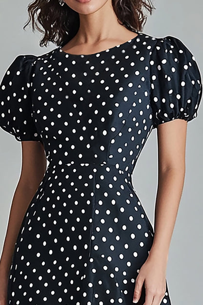 Boho Black and White Satin Puff Sleeves A Line Maxi Polka Dot Dress