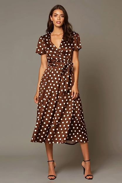 Brown Satin V-Neck A-Line Tea Length Polka Dots Dress