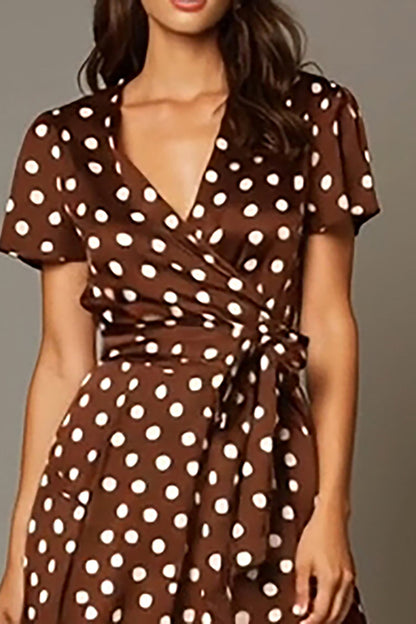 Brown Satin V-Neck A-Line Tea Length Polka Dots Dress
