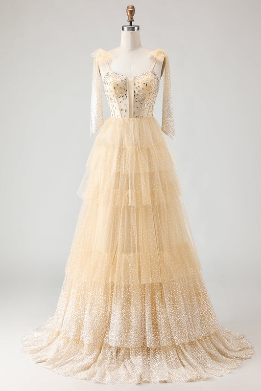 Sparkly Apricot Polka Dots Tiered Beaded Long Corset Prom Dress with Bows