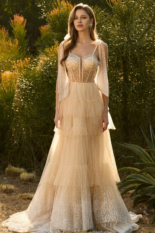 Sparkly Champagne Polka Dots Beaded A Line Long Corset Prom Dress with Ruffles
