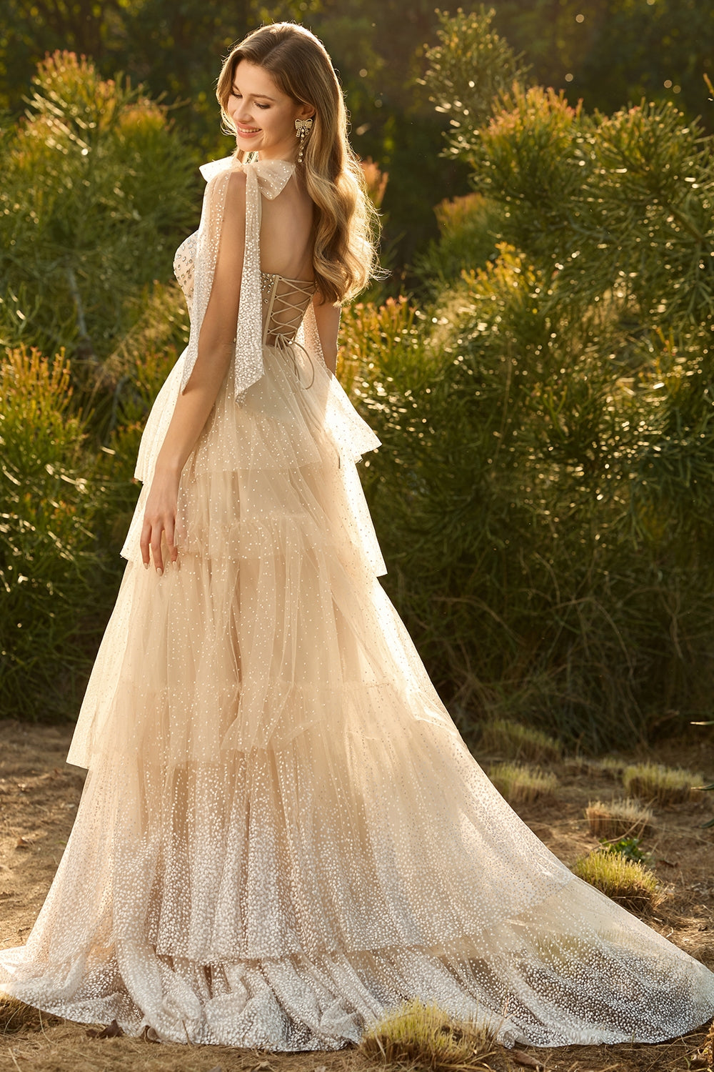 Sparkly Champagne Polka Dots Beaded A Line Long Corset Prom Dress with Ruffles