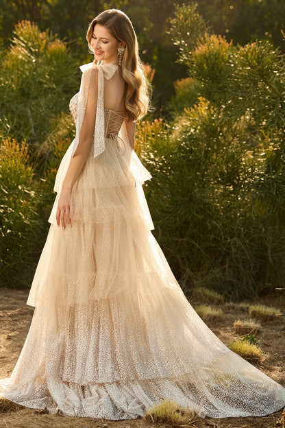 Sparkly Champagne Polka Dots Beaded A Line Long Corset Prom Dress with Ruffles