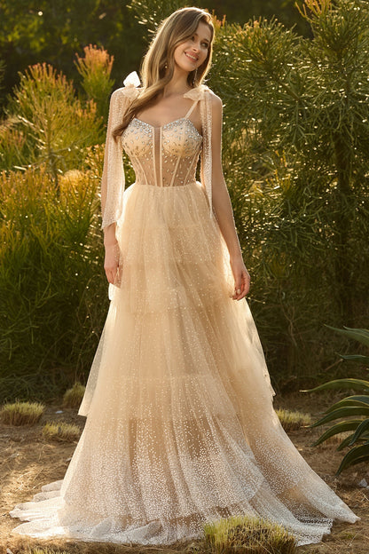 Sparkly Pink Tiered Polka Dots Beaded Long Corset Prom Dress with Ruffles