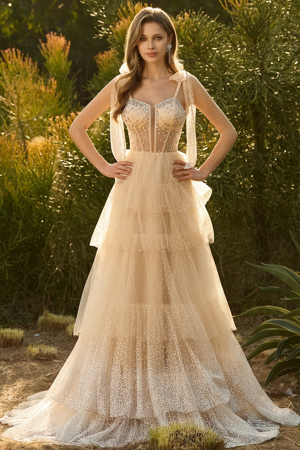 Sparkly Champagne Polka Dots Beaded A Line Long Corset Prom Dress with Ruffles