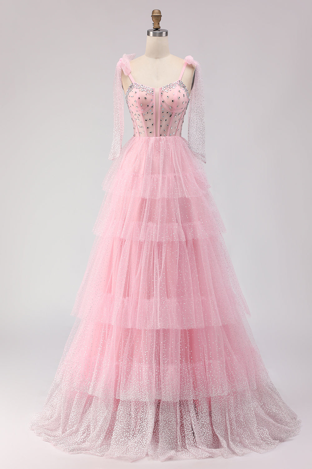 Sparkly Pink Tiered Polka Dots Beaded Long Corset Prom Dress with Ruffles