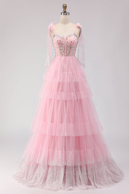 Sparkly Champagne Polka Dots Beaded A Line Long Corset Prom Dress with Ruffles