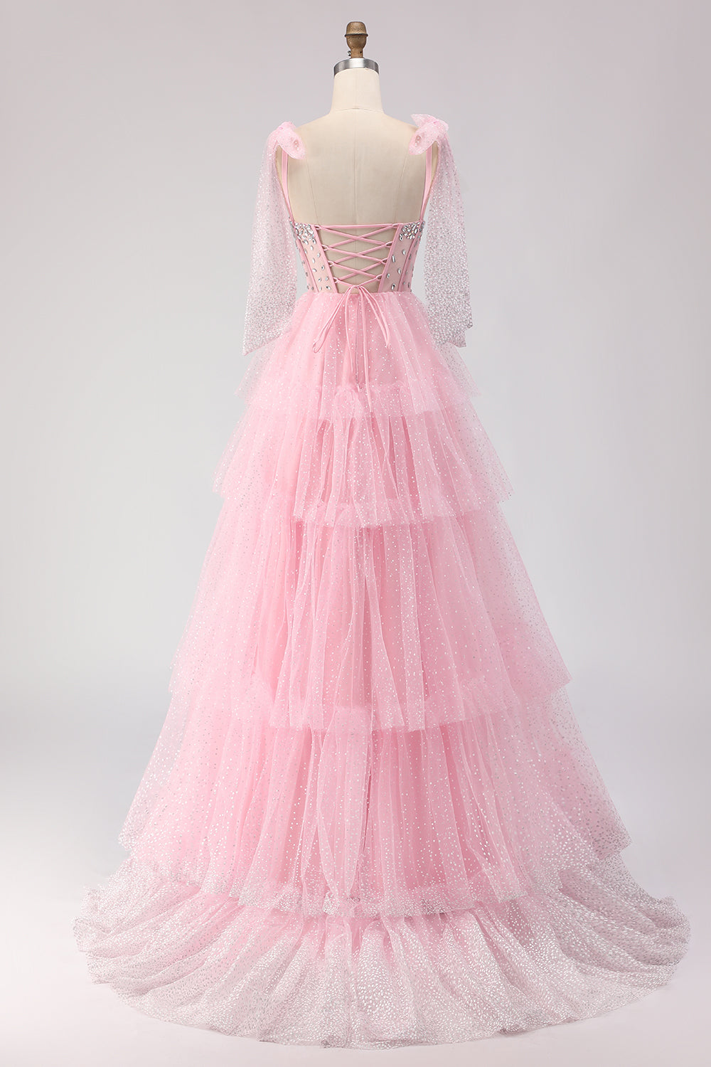 Sparkly Pink Tiered Polka Dots Beaded Long Corset Prom Dress with Ruffles