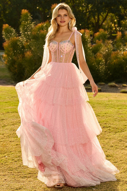 Sparkly Pink Tiered Polka Dots Beaded Long Corset Prom Dress with Ruffles