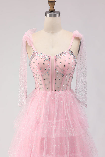 Sparkly Apricot Polka Dots Tiered Beaded Long Corset Prom Dress with Bows