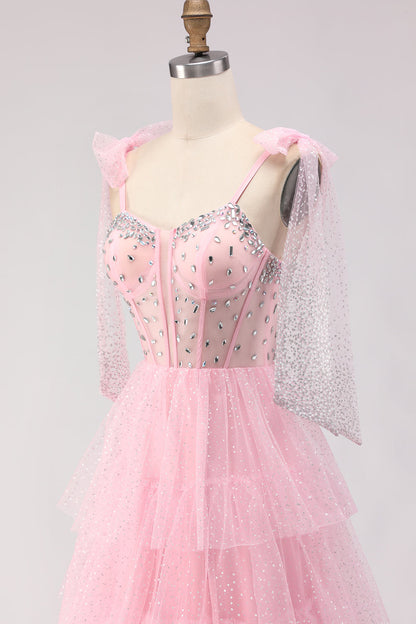 Sparkly Apricot Polka Dots Tiered Beaded Long Corset Prom Dress with Bows