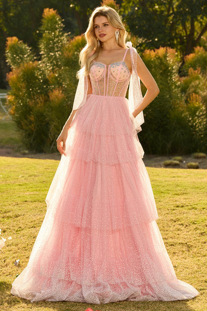 Sparkly Pink Tiered Polka Dots Beaded Long Corset Prom Dress with Ruffles