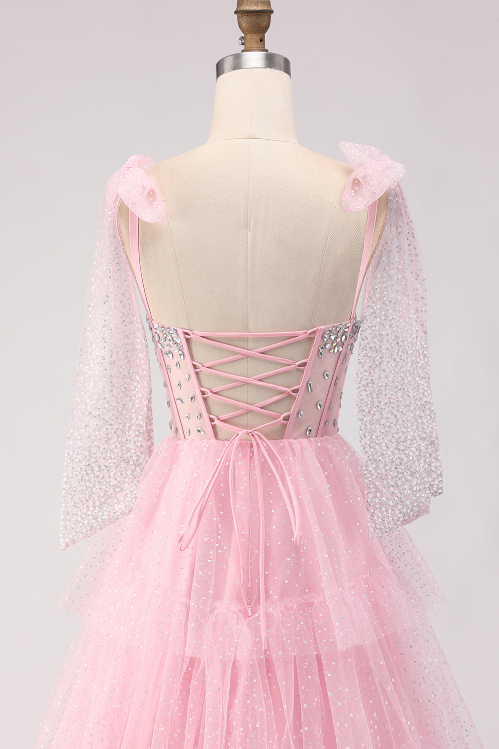 Sparkly Apricot Polka Dots Tiered Beaded Long Corset Prom Dress with Bows