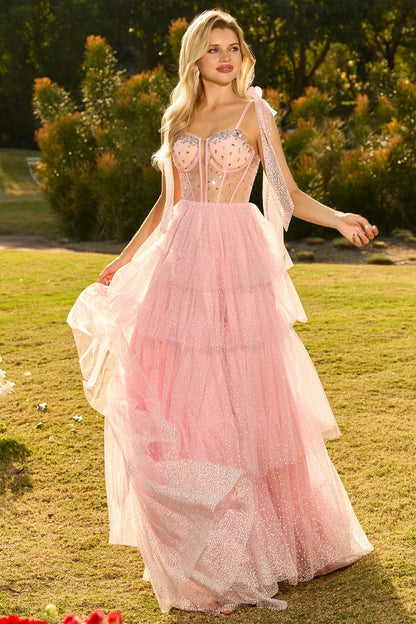 Sparkly Champagne Polka Dots Beaded A Line Long Corset Prom Dress with Ruffles