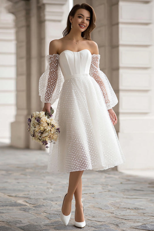 Ivory Off the Shoulder A Line Midi Wedding Dress with Sleeves