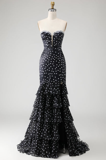 Black and White Polka Dots Mermaid Long Corset Prom Dress with Ruffles