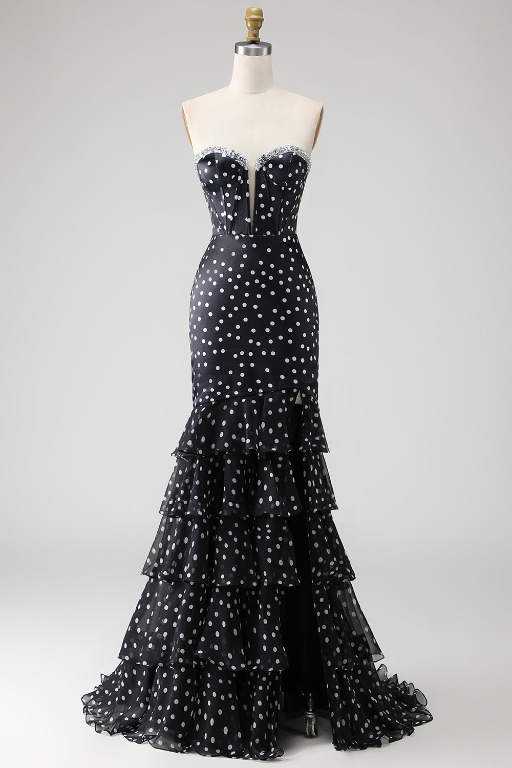 Plus Size Black and White Polka Dots Mermaid Long Corset Prom Dress with Ruffles