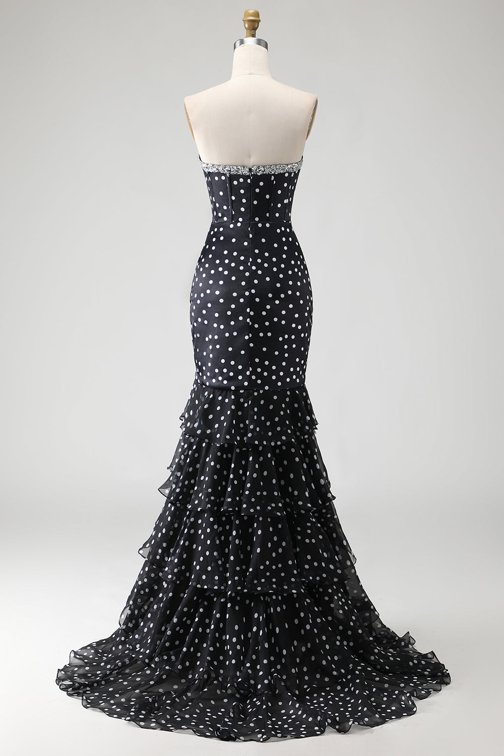 Black and White Polka Dots Mermaid Long Corset Prom Dress with Ruffles