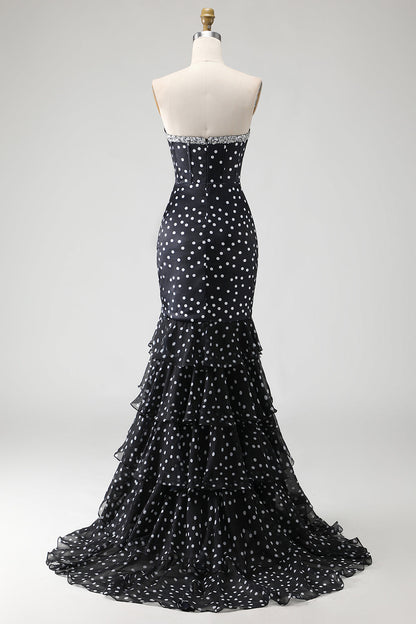 Black and White Polka Dots Mermaid Long Corset Prom Dress with Ruffles